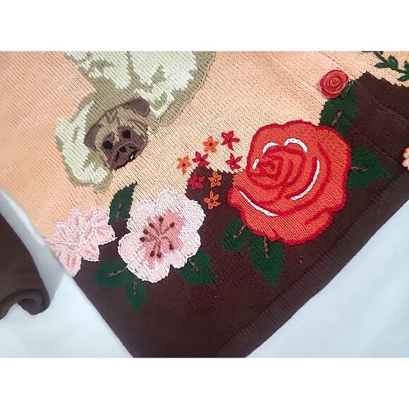 1X Pug Puppy Storybook Knits Sweater Brown Peach Flower Buttons 3D Cruelle Dog - Picture 9 of 16